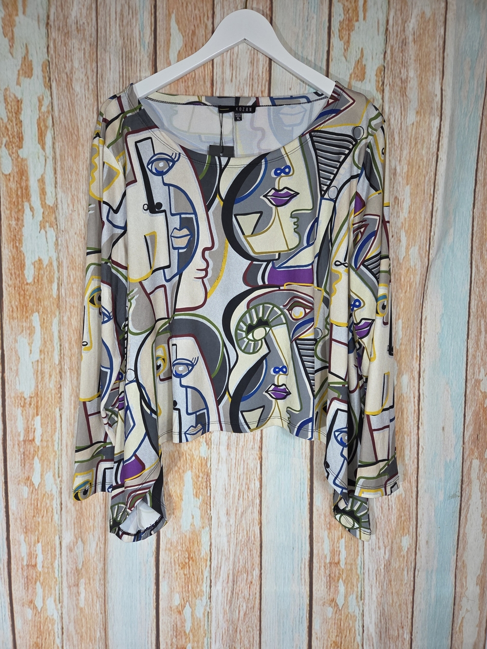 Kozan Asymmetrical Top Abstract Face Print Long Sleeve Top. Picasso Art. Size XL